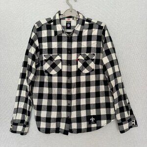 LEVIS WOMEN'S BLACK WHITE PLAID NFL ORLEANS SAINTS SNAP BUTTON UP SHIRT SIZE XL